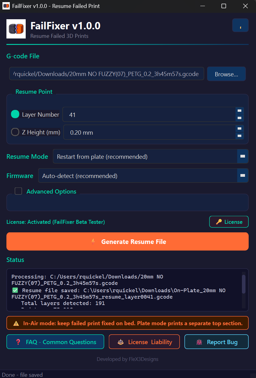 FailFixer desktop interface showing resume options and generate button