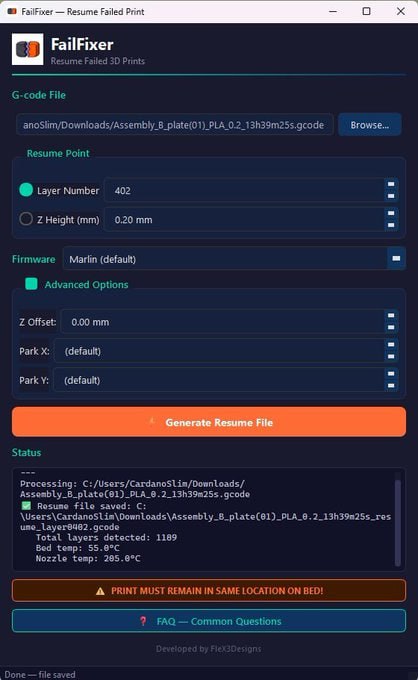 FailFixer desktop interface showing resume options and generate button